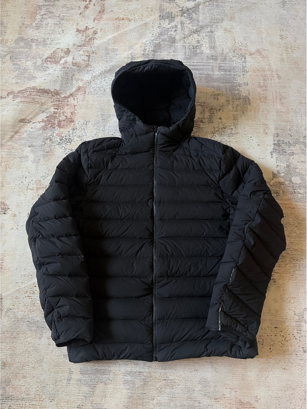 lululemon mens Black Long Down Hooded Puffer Jacket Zip L
